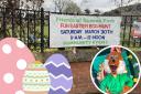 Easter Egg Hunt poster outside Craig y Don park and Easter Bunny at Manorafon Farm