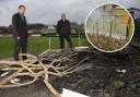 Swayne Johnson Director Gareth Davies, left, and Nick Thomson, of St Asaph Bowling Club, survey the damage caused by the arson attack and inset, Wooden shelter at St Asaph Bowling Green in flames
