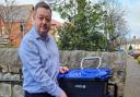 Denbighshire leader Cllr Jason McLellan with one of the council's new recycling ‘Trolibocs on wheels’ - to replace the blue bin.