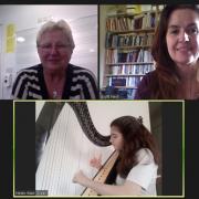 Teenage harpist Helen Green being taught on Zoom by acclaimed harpist Elinor Bennett, with former student Esyllt Roberts de Lewis who now lives in Patagonia