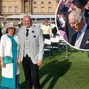Steve with his wife Dawn at the garden party and inset, King Charles III