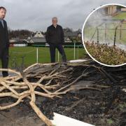 Swayne Johnson Director Gareth Davies, left, and Nick Thomson, of St Asaph Bowling Club, survey the damage caused by the arson attack and inset, Wooden shelter at St Asaph Bowling Green in flames