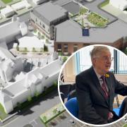 Artist impression of North Denbighshire Hospital development in Rhyl and inset, Wales' First Minister Mark Drakeford during our interview at Coleg Llandrillo’s campus in Rhyl