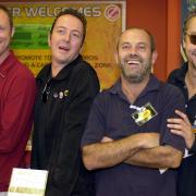 Gary Kemp from Spandau Ballet, Joe Strummer, from The Clash, Keith Allen, from Fat Les and Karl Wallinger from World Party, at Tower Records in Piccadilly, central London, where they backed a national organisation called Future Forests. in 2000.