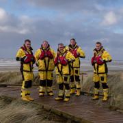 RNLI Rhyl Lifeboat Crew L-R Lewis Cox, Paul Archer-Jones, Martin Jones, Andrew Wilde, Dougie Lonsdale