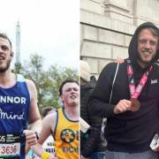 L: Connor running the 2024 London Marathon. R: Connor and his cousin, James, after they had both completed the run