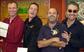 Gary Kemp from Spandau Ballet, Joe Strummer, from The Clash, Keith Allen, from Fat Les and Karl Wallinger from World Party, at Tower Records in Piccadilly, central London, where they backed a national organisation called Future Forests. in 2000.