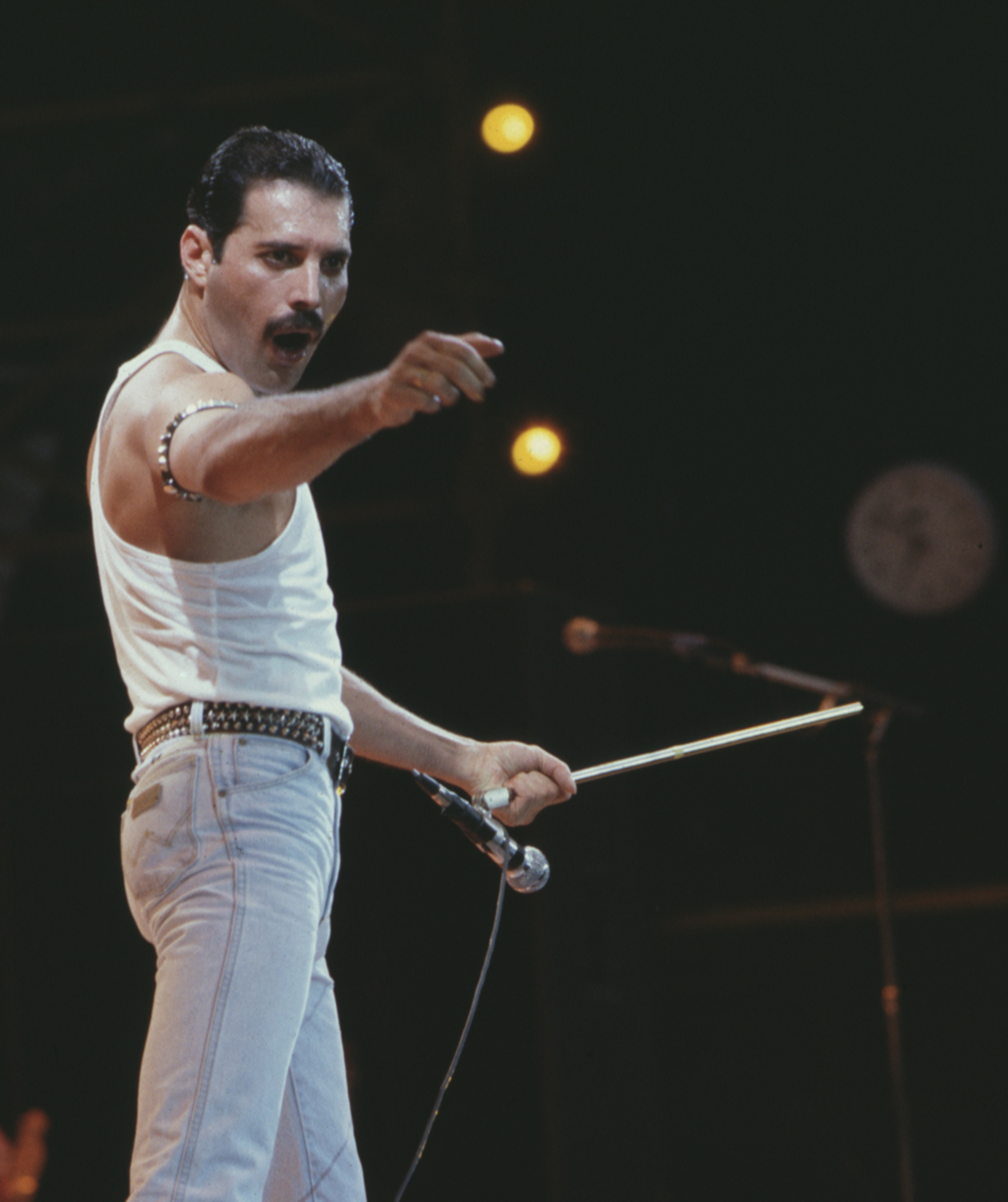 Undated Handout Photo of Freddie Mercury, of the pop band Queen, performing on stage during the Live Aid concert.
