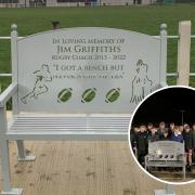 The bench dedicated to Jim Griffiths. Inset: The U15s team he had coached.