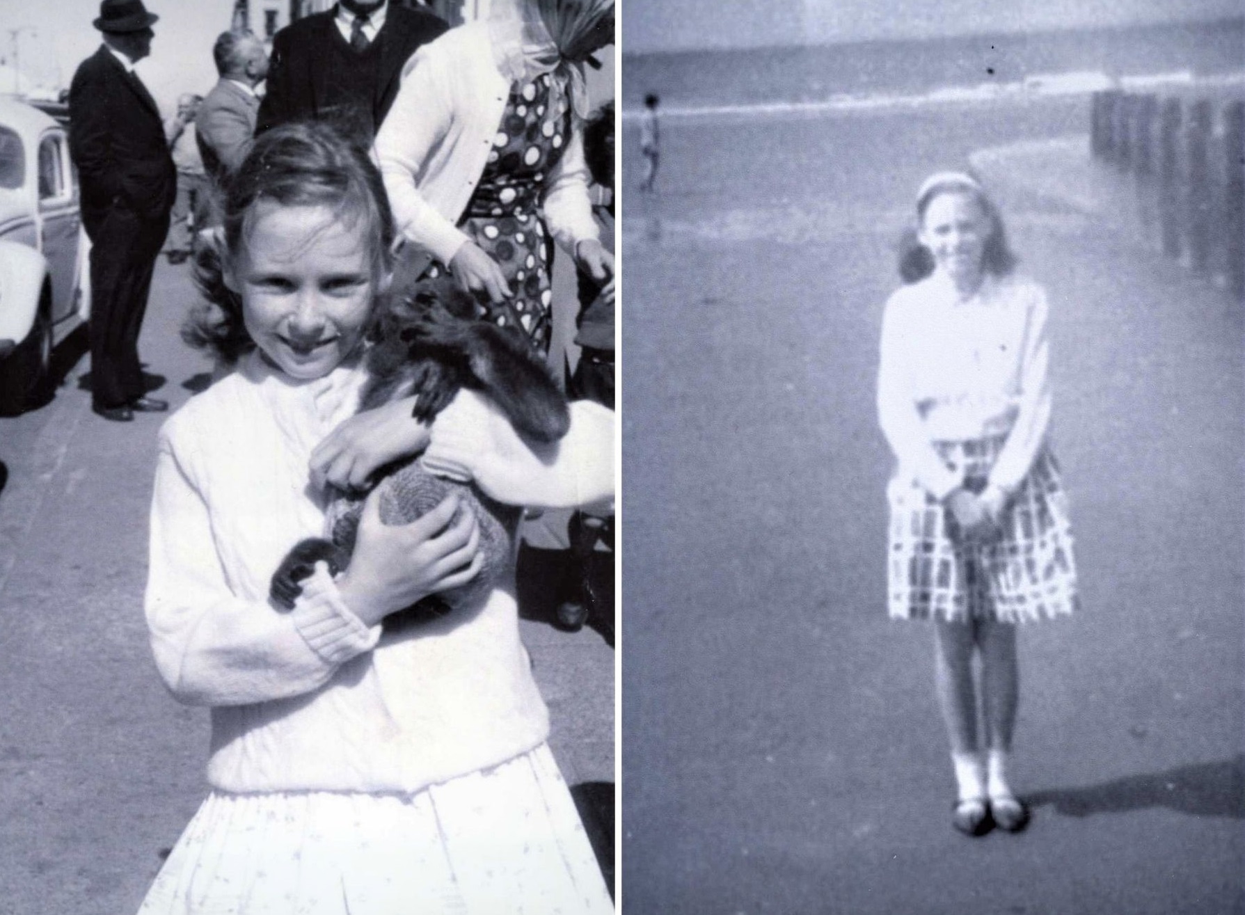 Kathleen Davies, on the Rhyl prom, summer 1963/64 left) and Rhyl beach, 1968 (right).