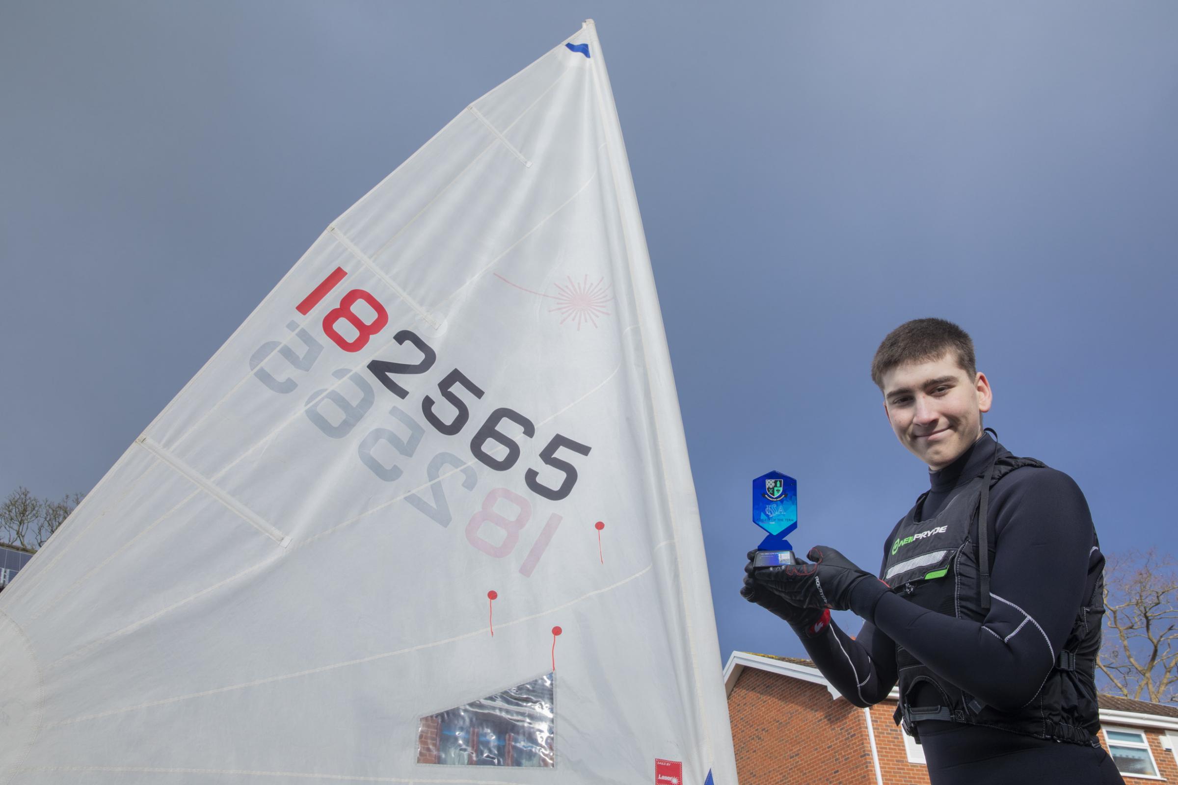 Matthew Stubbins 15, of Myddelton College with his Laser sailing boat and his sports award from the Independent Schools Association. Picture: Mandy Jones
