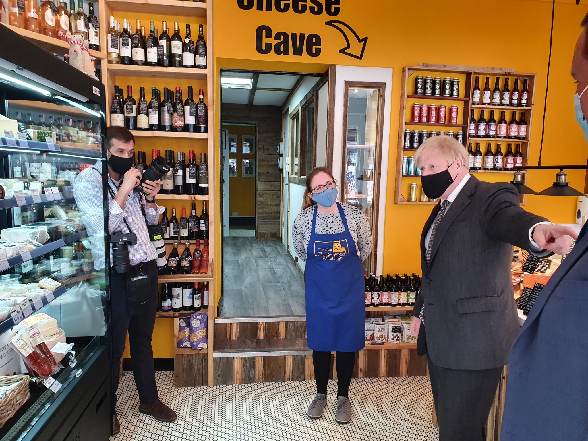 Mr Johnson paid a flying visit to the Little Cheesemonger, where he sampled cheese. Picture: James Davies MP/Twitter
