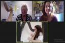 Teenage harpist Helen Green being taught on Zoom by acclaimed harpist Elinor Bennett, with former student Esyllt Roberts de Lewis who now lives in Patagonia
