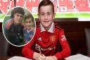 Cian McCormick signing terms with Manchester United. Inset: Cian meeting Alejandro Garnacho
