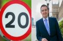 L: A 20mph sign. R: James Davies MP