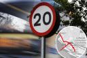 Library image of a 20mph sign. Inset: Area by Llandudno Junction marked exempt.