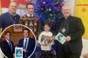 Hannah from year five at Ysgol Esgob Morgan won James Davies’ Christmas card competition and inset, Dr Davies and Rishi Sunak, Prime Minister, holding Hannah's winning design