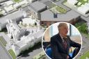 Artist impression of North Denbighshire Hospital development in Rhyl and inset, Wales' First Minister Mark Drakeford during our interview at Coleg Llandrillo’s campus in Rhyl