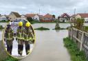 Flooding in Kinmel Bay on April 9. Inset: Firemen help evacuate residents