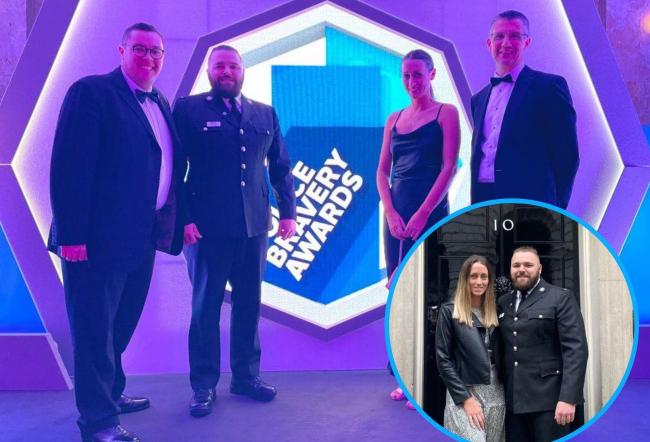 PC Josh Stocker at Police Federation of England and Wales Police Bravery Awards and inset, PC Stocker and his partner, Samantha, outside 10 Downing Street. Pictures: North Wales Police Federation