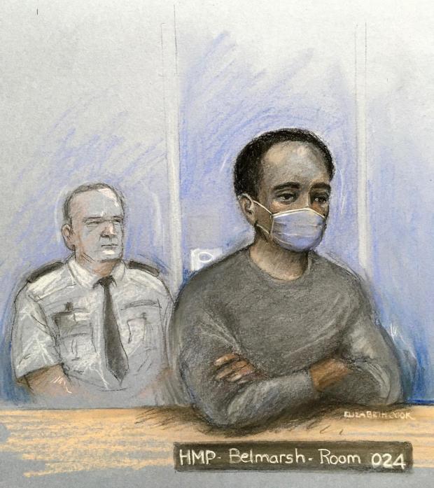Rhyl Journal: A court drawing of Ali Harbi Ali during a preliminary hearing at the Old Bailey last month (Elizabeth Cook/PA)