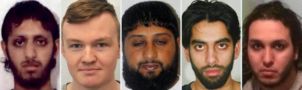 Rhyl Journal:  Undated file photos of terror offenders, from left, Nazam Hussain, Jack Coulson, Rangzieb Ahmed, Jawad Akbar and Abdalraouf Abdallah, who could be considered for release from prison next year by the Parole Board. Credit: From left: West Midlands Police, Counter Terrorism Policing North East, Greater Manchester Police, Metropolitan Police and Greater Manchester Police.