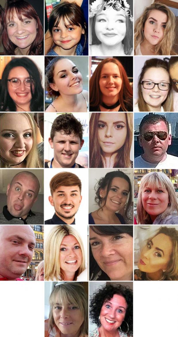 Rhyl Journal: The 22 victims of the terror attack during the Ariana Grande concert at the Manchester Arena in May 2017. (Top row L to R) Off-duty police officer Elaine McIver, 43, Saffie Roussos, 8, Sorrell Leczkowski, 14, Eilidh MacLeod, 14, (2nd row L to R) Nell Jones, 14, Olivia Campbell-Hardy, 15, Megan Hurley, 15, Georgina Callander, 18, (3rd row L to $), Chloe Rutherford, 17, Liam Curry, 19, Courtney Boyle, 19, and Philip Tron, 32, (4th rowL to R) John Atkinson, 26, Martyn Hett, 29, Kelly Brewster, 32, Angelika Klis, 39, (5th row L to R) Marcin Klis, 42, Michelle Kiss, 45, Alison Howe, 45, and Lisa Lees, 43 (6th row L to R) Wendy Fawell, 50 and Jane Tweddle, 51 (Greater Manchester Police/PA)