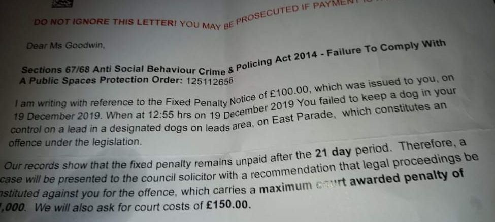 Karen Goodwin says she received a fine two years after her dog Tilly strayed onto a path where dogs must be kept on leads. 