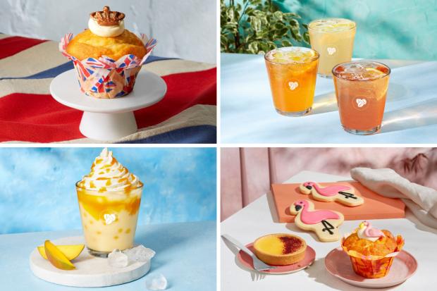 Rhyl Journal: (Top left-clockwise) Jubilee Muffin, FuzeTea Crafted Iced Tea range, Tropical Muffin, Passionfruit Tart and Flamingo Shortcake, Tropical Mango Bubble Frappe (Costa Coffee/Canva)