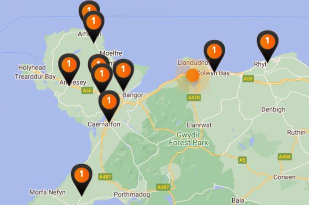 Rhyl Journal: Locations of lungworm cases across North Wales. Photo: Screenshot of a map from Mypet&I