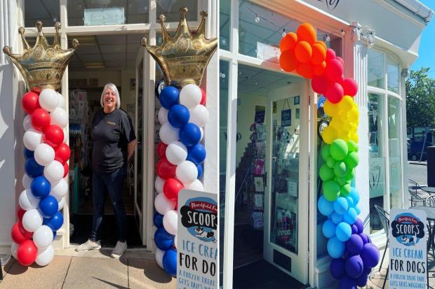 L: Amanda Williams of Ballooning Marvellous with a Jubilee balloon display in Craig-y-Don. R: A rainbow balloon garland outside Coffee V café. Photo: Rhian Hastings