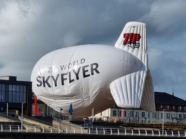 Rhyl Journal: The Skyflyer is inflated by Rhyl's Pavilion Theatre. Photo: Kathryn Jeffrey