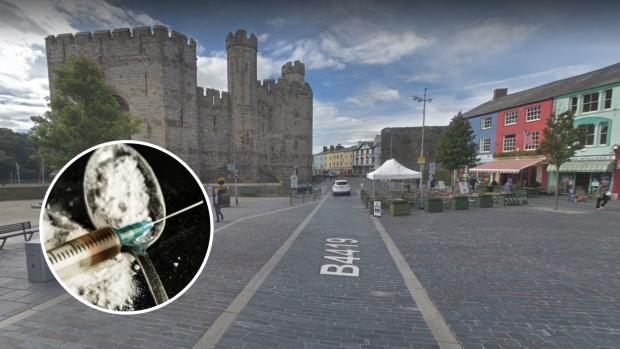 Rhyl Journal: Castle Square, Caernarfon. Photo: GoogleMaps. Inset: Library picture of heroin