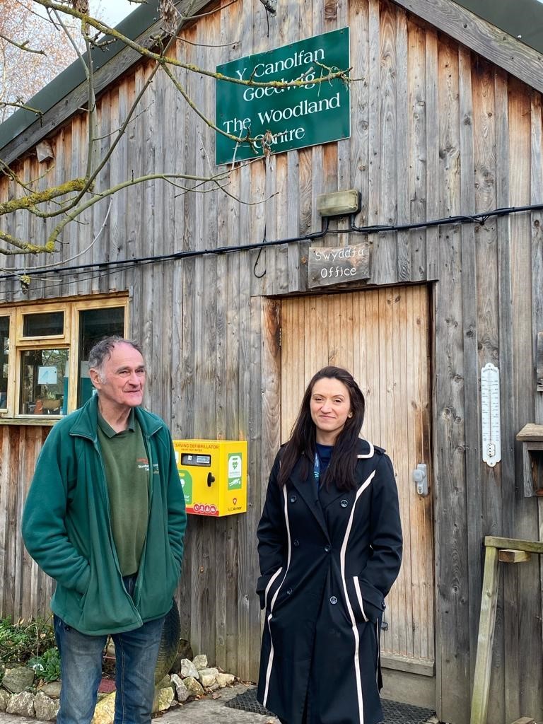 Rod Waterfield founder of Woodland Skills Centre and Laura Gough Head of Enterprise at Wrexham University outside Woodland Skills Center, Bodfari.