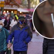 Shoppers on the first Saturday of December. Inset: Lauren Mulvey, 28, from Paisley, holding a testing swab from a lateral flow kit. Images: PA