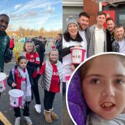 Wrexham AFC’s Aaron Hayden with young fans helping on the collection; Television and Radio match commentator and pundit Bryn Law gets involved in the collection with young fans and inset, Megs from Dyserth.