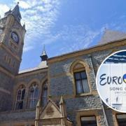 Rhyl Town Hall and inset, Eurovision 2023