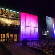 1891 bar and restaurant, and Rhyl Pavilion Theatre, lit up in red, white and blue