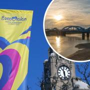 Eurovision flag flies in Liverpool and Foryd Bridge in Rhyl.