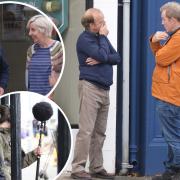 Julie Hesmondhalgh and Toby Jones (inset), camera crew film and Toby Jones outside the recreated Post Office.