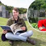 Main image, Dr Mark Baker in the castle grounds, and inset - as a boy with the ruin in the background