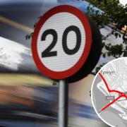 Library image of a 20mph sign. Inset: Area by Llandudno Junction marked exempt.