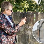 Rev Kate Johnson scans HistoryPoints QR codes at train crash grave. Inset: Irish Mail train crash mass grave in Abergele.