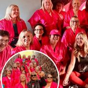 Jules Peters pictured with the breast cancer survivors and inset, Mike Peters enjoys a singalong with the ladies!