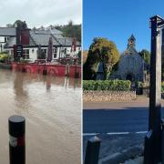 L: Flooding at The New Inn in October. R: The New Inn as it looks today (December 1)