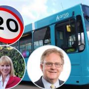Main image of an Arriva bus / Inset images of Carolyn Thomas MS and Mark Isherwood MS, and a 20mph sign.