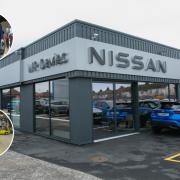 The Nissan dealership in Rhyl. Inset: Jonathan Davies and Csaba Vincze cut the ribbon, and inside the garage.