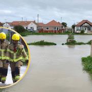 Flooding in Kinmel Bay on April 9. Inset: Firemen help evacuate residents