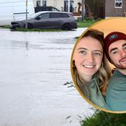Flooding in Kinmel Bay on April 9. Inset: Tom Quayle with his partner, Emma, and their daughter, Amelia