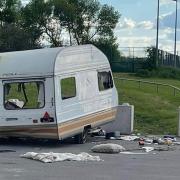 The "smashed up" caravan in Rhyl